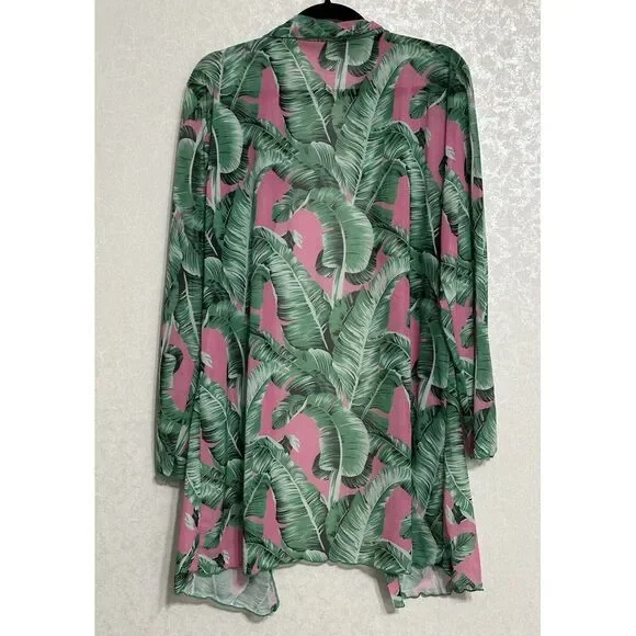 Pink Tropical W/ Green Leaves Kimono Robe Swimsuit Cover Lightweight Stretch 2XL - Picture 2 of 4